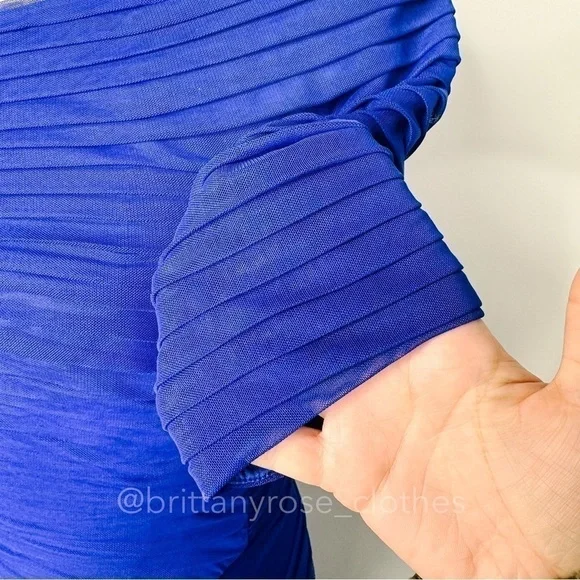 TADASHI SHOJI Asymmetrical Ruched Mesh Evening Formal Gown in Lake Blue - Picture 6 of 8